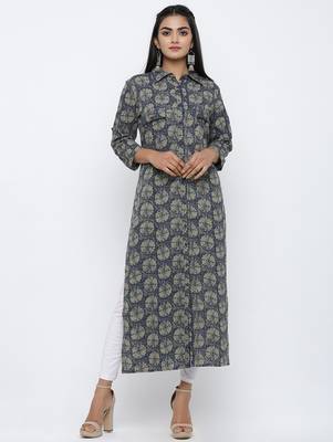 Women's Dark Green Cotton Self Design Shirt Style Straight Kurta 1