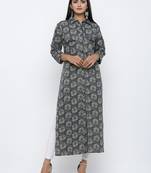 Women's Dark Green Cotton Self Design Shirt Style Straight Kurta