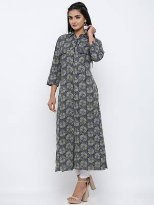 Women's Dark Green Cotton Self Design Shirt Style Straight Kurta 2