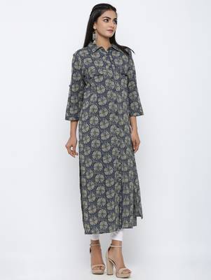 Women's Dark Green Cotton Self Design Shirt Style Straight Kurta 3