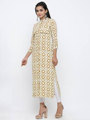 Women's Mustard Cotton Self Design Shirt Style Straight Kurta 2