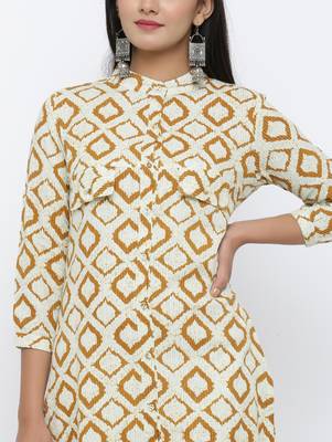 Women's Mustard Cotton Self Design Shirt Style Straight Kurta 4