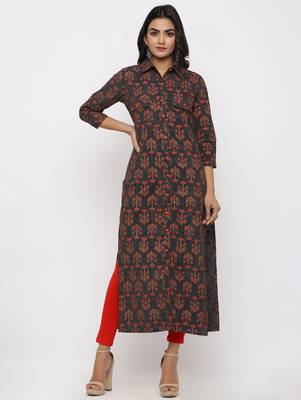 Women's Black Cotton Self Design Shirt Style Straight Kurta 1