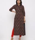 Women's Black Cotton Self Design Shirt Style Straight Kurta