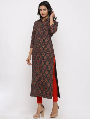 Women's Black Cotton Self Design Shirt Style Straight Kurta 2