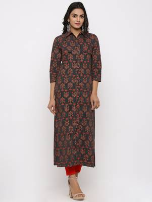 Women's Black Cotton Self Design Shirt Style Straight Kurta 3