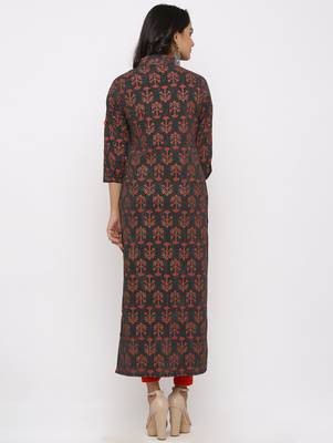 Women's Black Cotton Self Design Shirt Style Straight Kurta 5