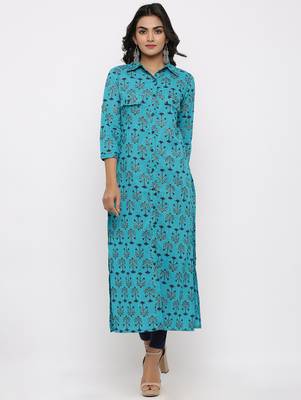 Women's Blue Cotton Self Design Shirt Style Straight Kurta 1