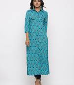 Women's Blue Cotton Self Design Shirt Style Straight Kurta