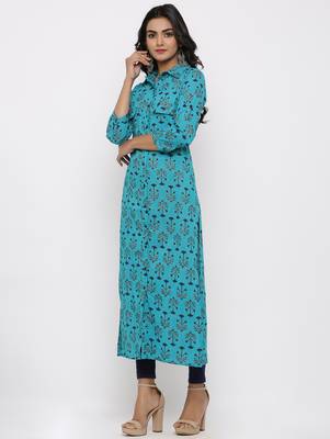 Women's Blue Cotton Self Design Shirt Style Straight Kurta 2