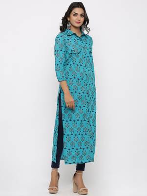 Women's Blue Cotton Self Design Shirt Style Straight Kurta 3