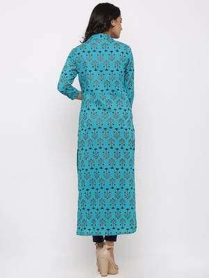 Women's Blue Cotton Self Design Shirt Style Straight Kurta 4