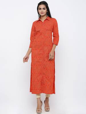 Women's Orange Cotton Self Design Shirt Style Straight Kurta 1