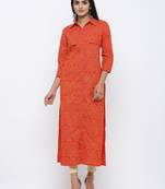 Women's Orange Cotton Self Design Shirt Style Straight Kurta