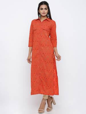 Women's Orange Cotton Self Design Shirt Style Straight Kurta 2