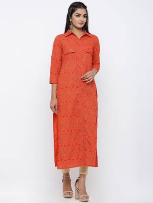 Women's Orange Cotton Self Design Shirt Style Straight Kurta 3