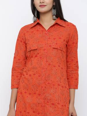 Women's Orange Cotton Self Design Shirt Style Straight Kurta 4