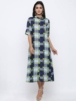 Women's Blue Rayon Checkered Print Shirt Style A-Line Kurta 1
