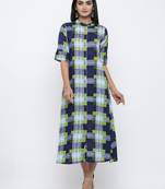 Women's Blue Rayon Checkered Print Shirt Style A-Line Kurta