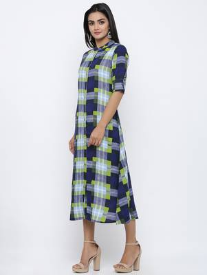 Women's Blue Rayon Checkered Print Shirt Style A-Line Kurta 2