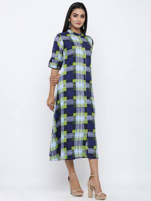 Women's Blue Rayon Checkered Print Shirt Style A-Line Kurta 3