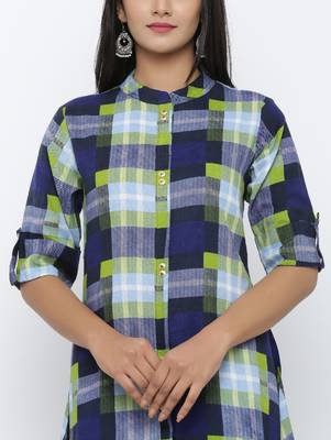 Women's Blue Rayon Checkered Print Shirt Style A-Line Kurta 4