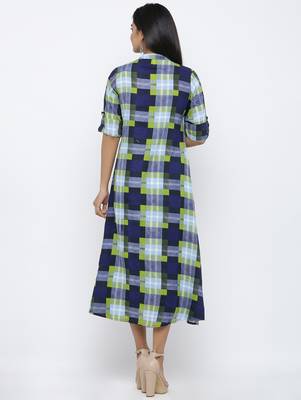 Women's Blue Rayon Checkered Print Shirt Style A-Line Kurta 5