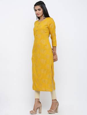 Women's Mustard Rayon Self Design Straight Kurta 2