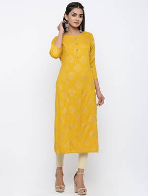 Women's Mustard Rayon Self Design Straight Kurta 3