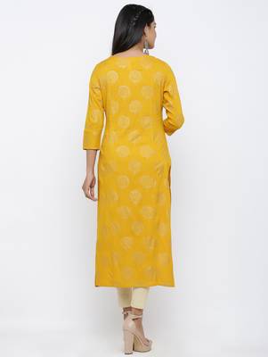 Women's Mustard Rayon Self Design Straight Kurta 5