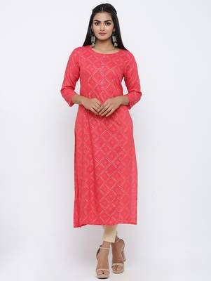 Women's Pink Rayon Bandhani Print Straight Kurta 1