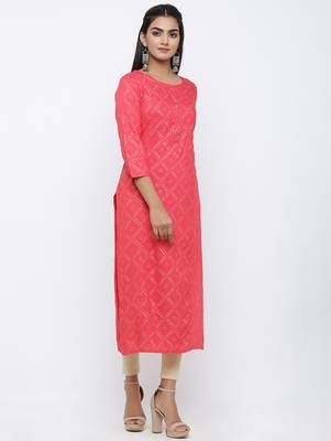Women's Pink Rayon Bandhani Print Straight Kurta 2