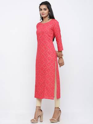 Women's Pink Rayon Bandhani Print Straight Kurta 3