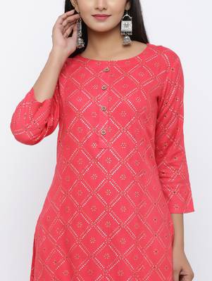Women's Pink Rayon Bandhani Print Straight Kurta 4