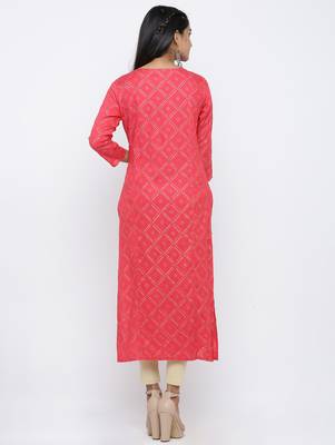 Women's Pink Rayon Bandhani Print Straight Kurta 5