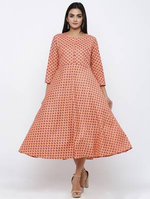 Women's Peach Cotton Cambric Self Design Anarkali Kurta 4