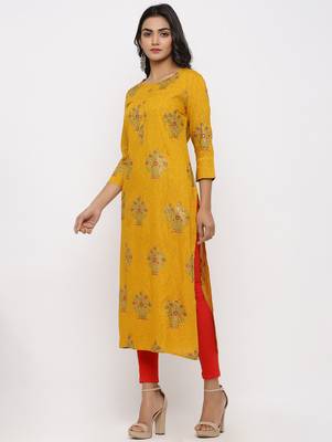 Women's Mustard Rayon Self Design Straight Kurta 2