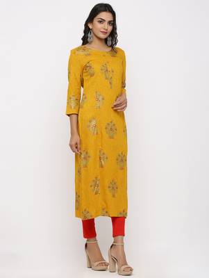 Women's Mustard Rayon Self Design Straight Kurta 3