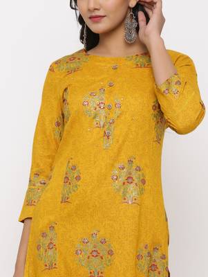 Women's Mustard Rayon Self Design Straight Kurta 4