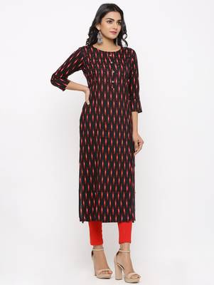 Women's Black Rayon Ikat Print Straight Kurta 3
