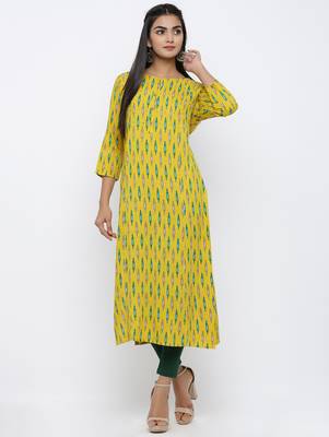 Women's Yellow Rayon Ikat Print Straight Kurta 1