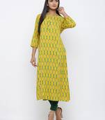 Women's Yellow Rayon Ikat Print Straight Kurta