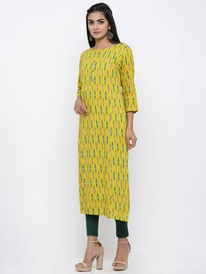 Women's Yellow Rayon Ikat Print Straight Kurta 2