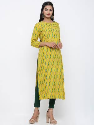 Women's Yellow Rayon Ikat Print Straight Kurta 3