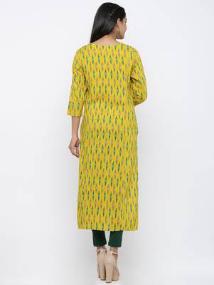 Women's Yellow Rayon Ikat Print Straight Kurta 5