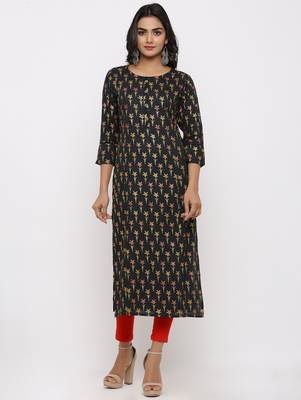 Women's Dark Green Rayon leaf print Straight Kurta 1