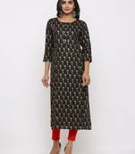 Women's Dark Green Rayon leaf print Straight Kurta
