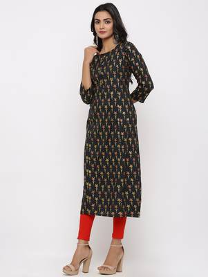 Women's Dark Green Rayon leaf print Straight Kurta 2