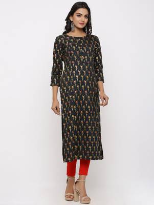 Women's Dark Green Rayon leaf print Straight Kurta 3