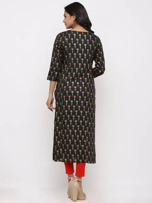 Women's Dark Green Rayon leaf print Straight Kurta 5